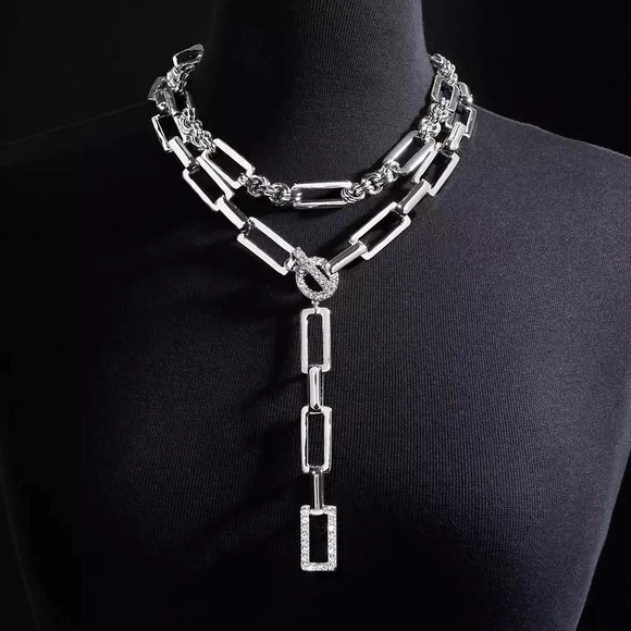 INC International Pavé Link Silver Layered Lariat Necklace - Picture 7 of 7